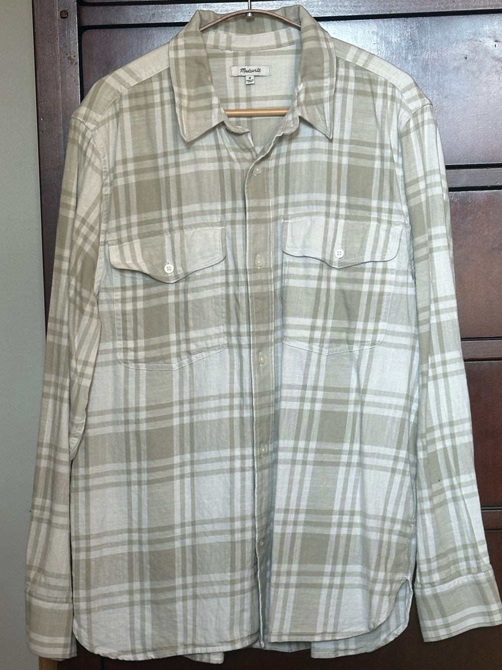 Madewell Plaid Work Shirt Beige Green Mens Size Medium